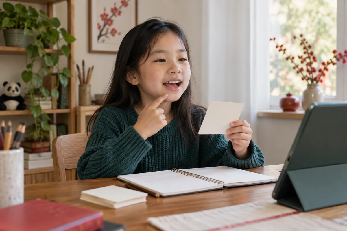 Illustrative scene of a child practicing Mandarin pronunciation with flashcards
